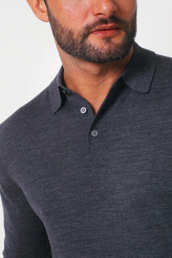 Merino Wool Long Sleeve Sweater Polo Charcoal 4